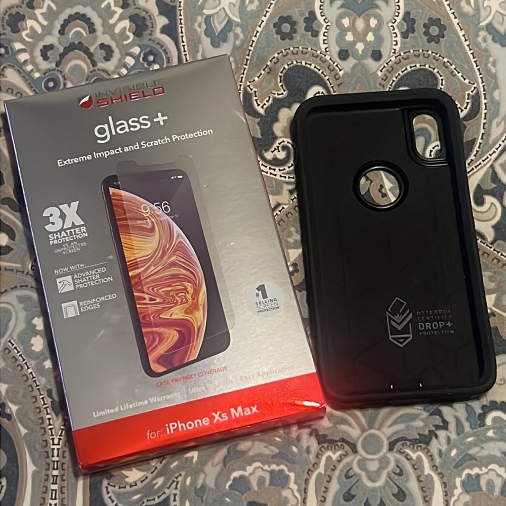 Black Otterbox and ZAGG InvisibleShield Screen Protector for iPhone XS Max